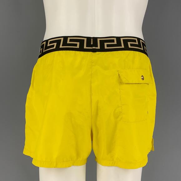 VERSACE Size M Yellow Black Gold Nylon Elastic Waistband Swim Trunks - Picture 2 of 5